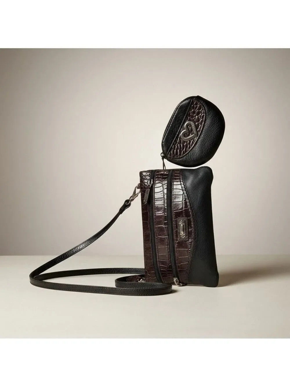 Brighton One Size Black Brown Croc Embossed Leather Crossbody Bag - Picture 2 of 15